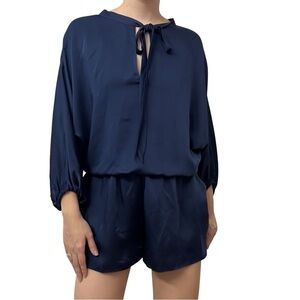 Ramy Brook Diane Romper Spring Navy Blue Long Sleeve Satin Chic Size Medium New